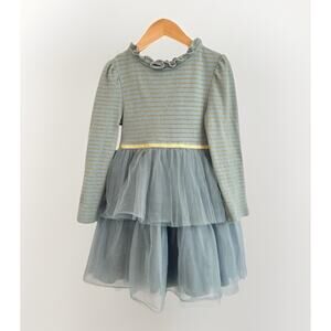 Mini Boden Jersey Tulle Mix Dress Blue Gold Metallic Thread Girls Size 5-6 Years